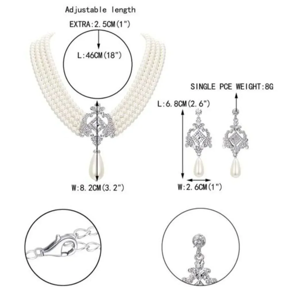 Silver Crystal & Faux Pearl Vintage Inspired Chandelier Necklace & Earrings Set